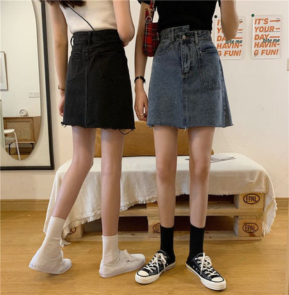 Faded Denim Mini A-Line Skirt with High Waist