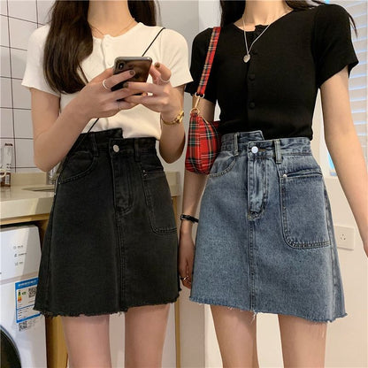 Faded Denim Mini A-Line Skirt with High Waist