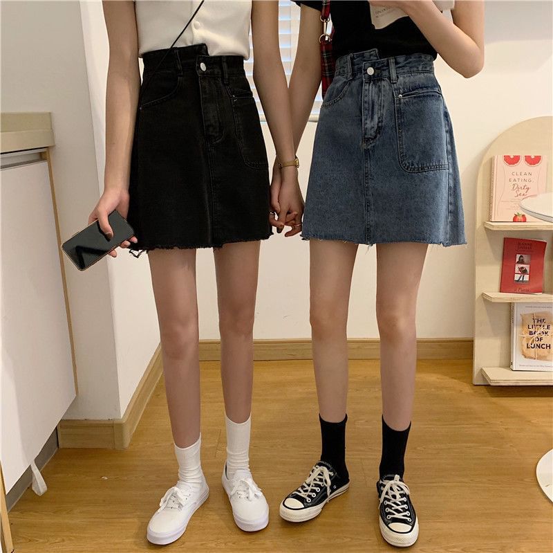 Faded Denim Mini A-Line Skirt with High Waist