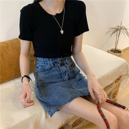 Faded Denim Mini A-Line Skirt with High Waist