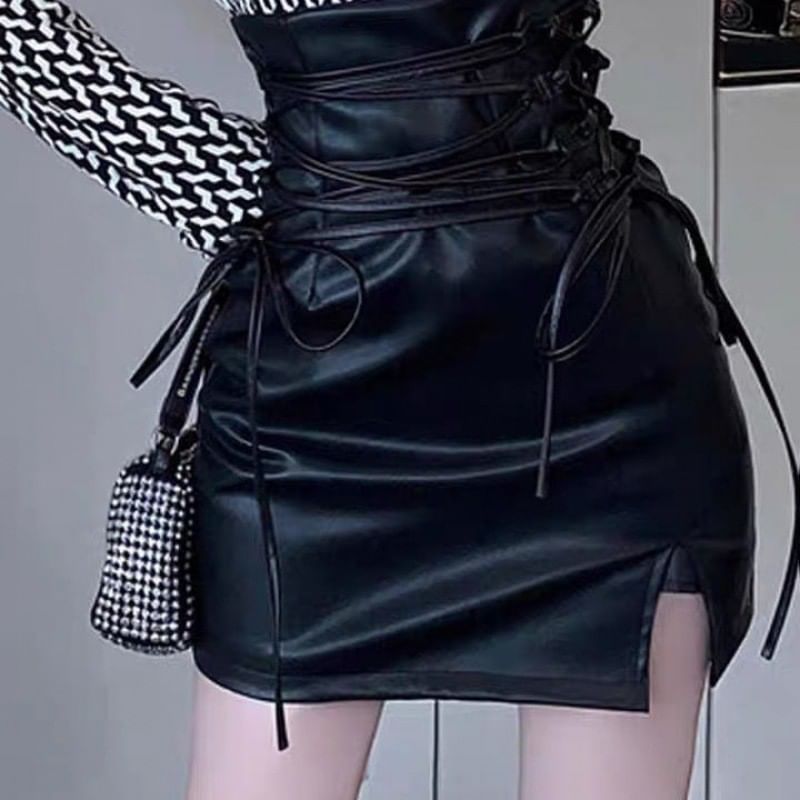 High Waist Faux Leather Lace Up Mini Pencil Skirt