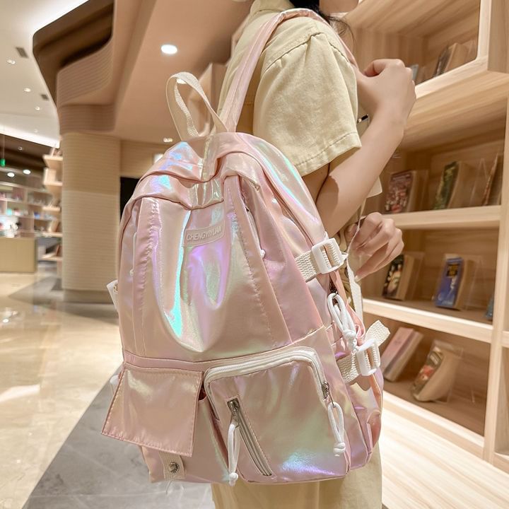 Holographic Backpack Leather Buckled Faux
