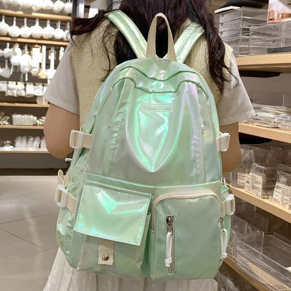 Holographic Backpack Leather Buckled Faux