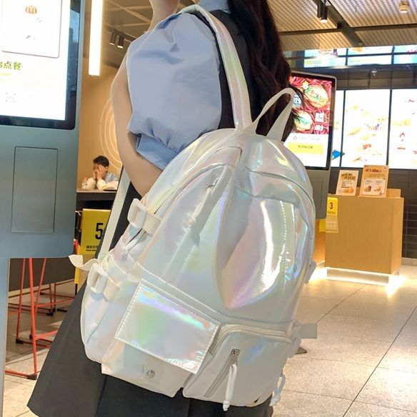 Holographic Backpack Leather Buckled Faux