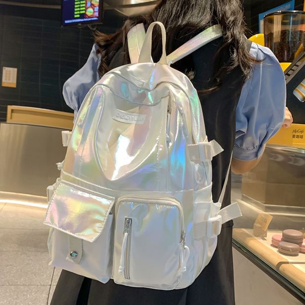 Holographic Backpack Leather Buckled Faux