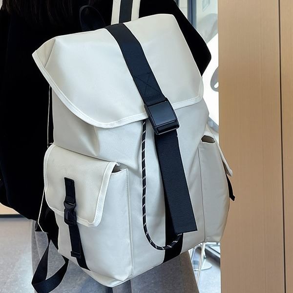 Nylon Plain Buckled Backpack Drawstring Unisex