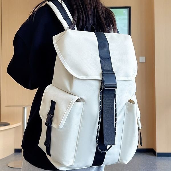 Nylon Plain Buckled Backpack Drawstring Unisex