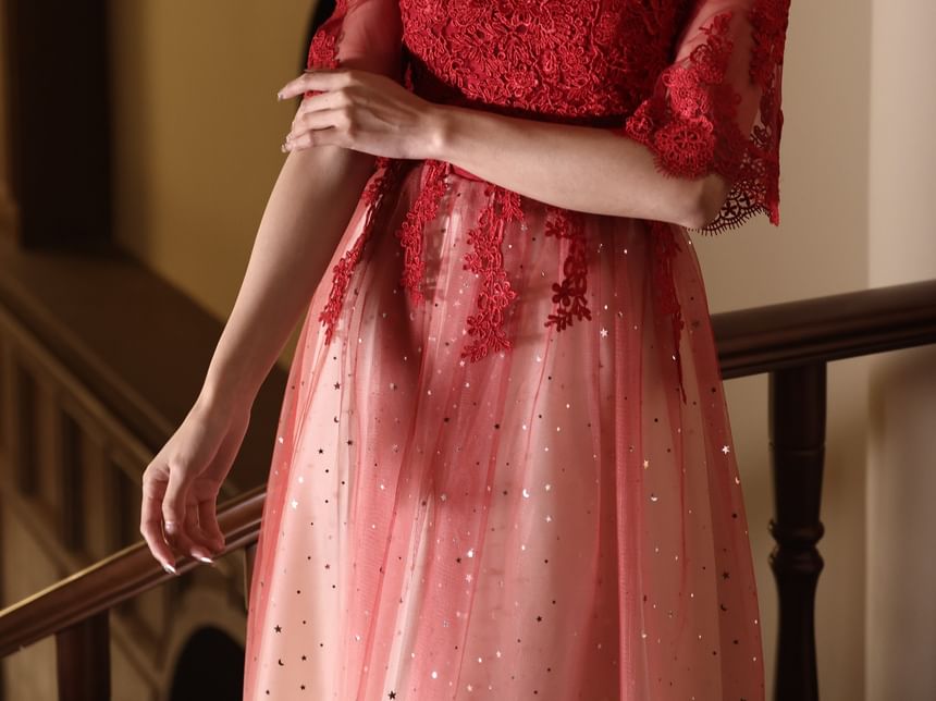 Short Sleeve Round Neck Gradient Lace Panel Mesh A-Line Cocktail Dress (Various Designs)