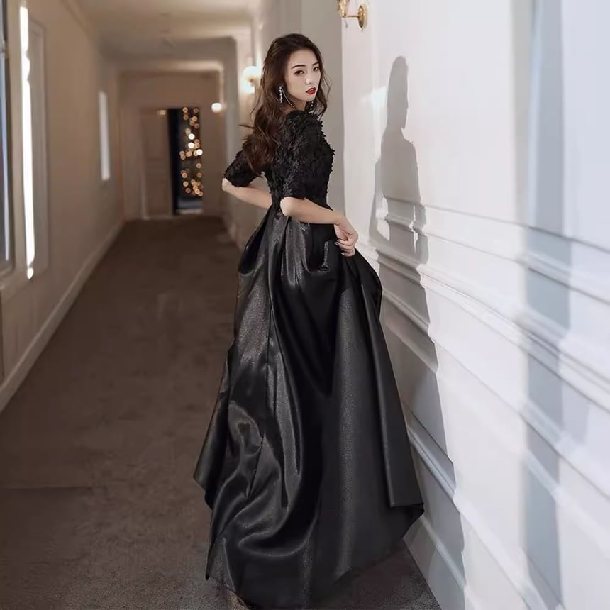 Elbow Sleeve V-Neck Plain Panel Satin A-Line Cocktail Dress (Various Designs)