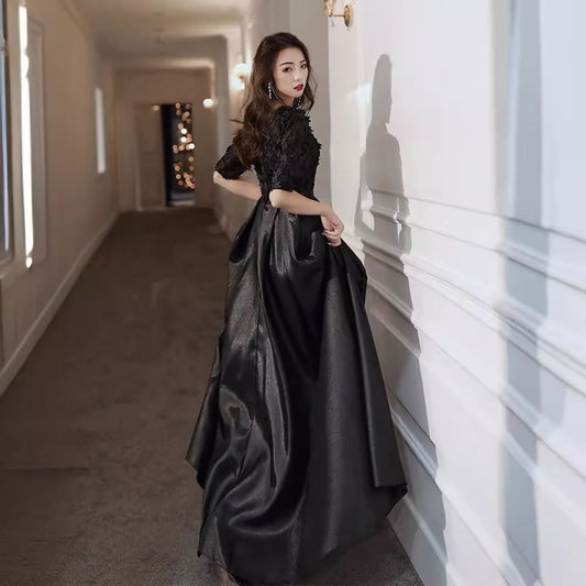 Elbow Sleeve V-Neck Plain Panel Satin A-Line Cocktail Dress (Various Designs)