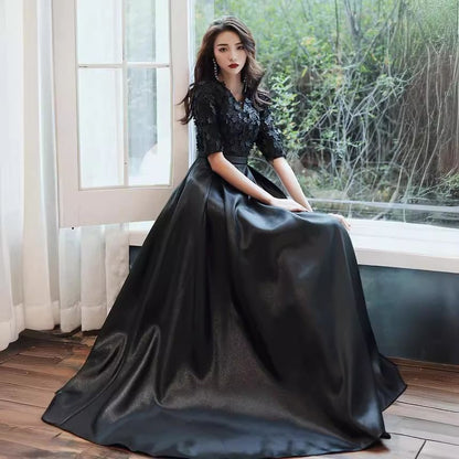 Elbow Sleeve V-Neck Plain Panel Satin A-Line Cocktail Dress (Various Designs)