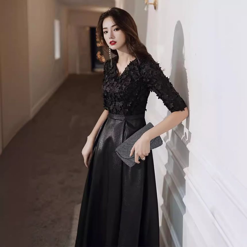 Elbow Sleeve V-Neck Plain Panel Satin A-Line Cocktail Dress (Various Designs)