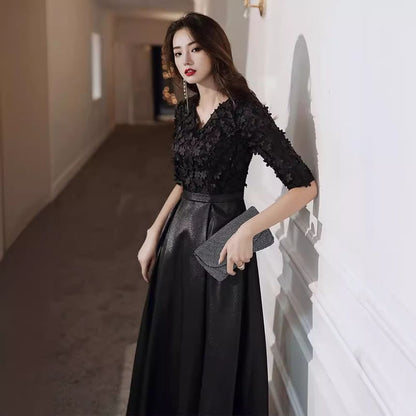 Elbow Sleeve V-Neck Plain Panel Satin A-Line Cocktail Dress (Various Designs)