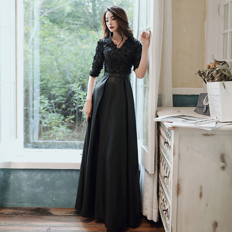 Elbow Sleeve V-Neck Plain Panel Satin A-Line Cocktail Dress (Various Designs)