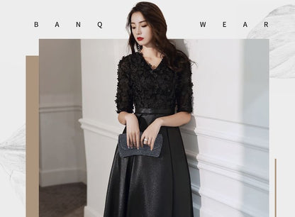 Elbow Sleeve V-Neck Plain Panel Satin A-Line Cocktail Dress (Various Designs)