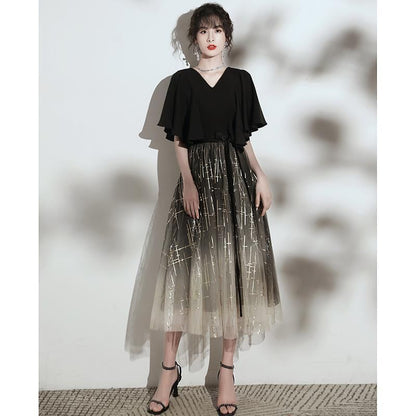 Elbow Sleeve Patterned Print Panel Mesh A-Line Cocktail Dress (Various Designs)