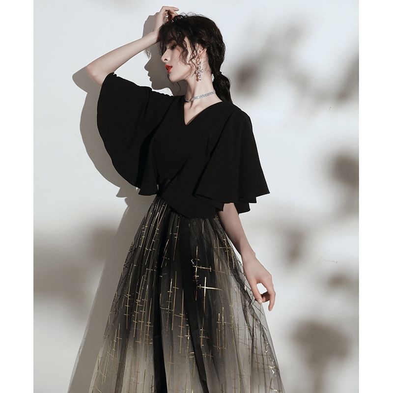 Elbow Sleeve Patterned Print Panel Mesh A-Line Cocktail Dress (Various Designs)