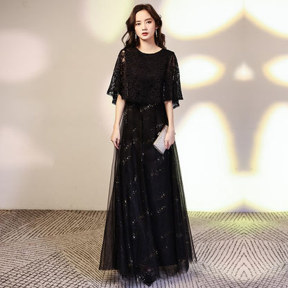Cape Sleeve Round Neck Plain Sequin Lace Panel Mesh A-Line Evening Gown