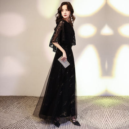 Cape Sleeve Round Neck Plain Sequin Lace Panel Mesh A-Line Evening Gown