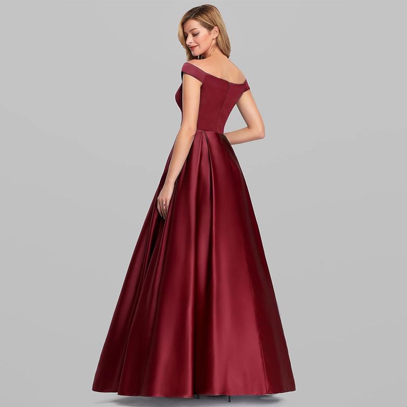 Plain Gown Off Shoulder Satin A-Line Sleeveless Evening