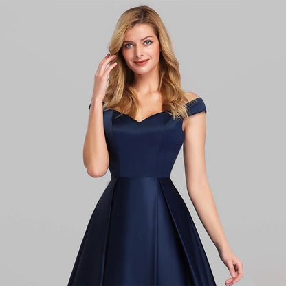 Sleeveless Off Shoulder Plain Satin A-Line Evening Gown