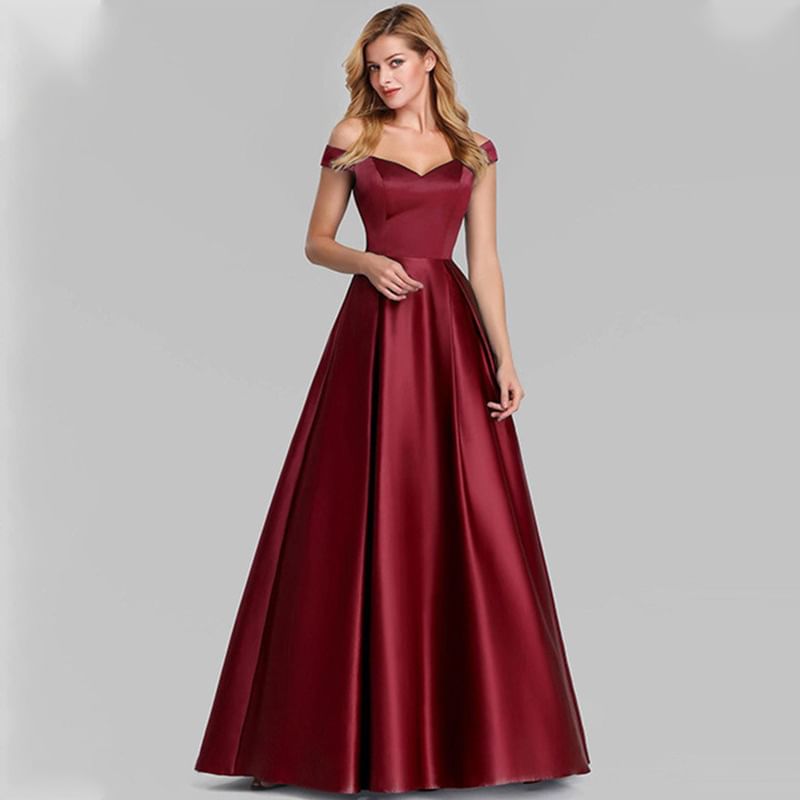 Sleeveless Off Shoulder Plain Satin A-Line Evening Gown