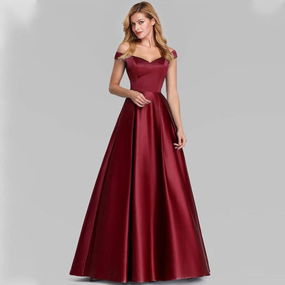 Sleeveless Off Shoulder Plain Satin A-Line Evening Gown