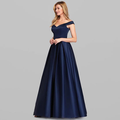 Sleeveless Off Shoulder Plain Satin A-Line Evening Gown