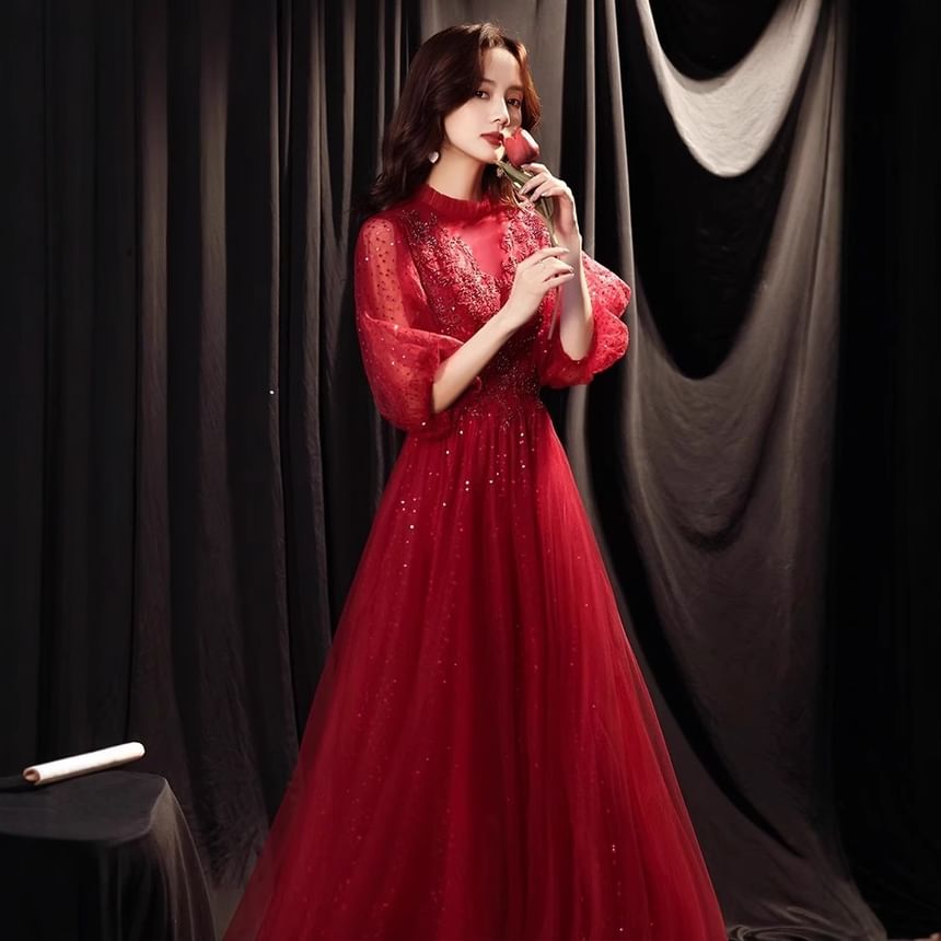 Balloon Sleeve Mock Neck Plain Sequin Embroidered Mesh A-Line Cocktail Dress (Various Designs)