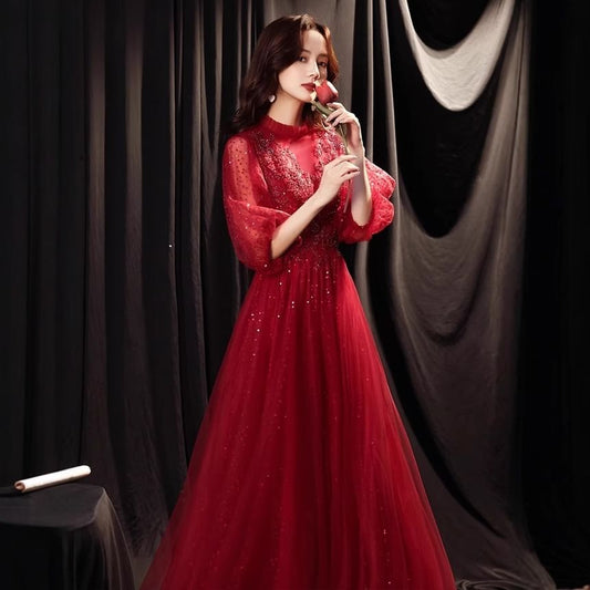 Balloon Sleeve Mock Neck Plain Sequin Embroidered Mesh A-Line Cocktail Dress (Various Designs)