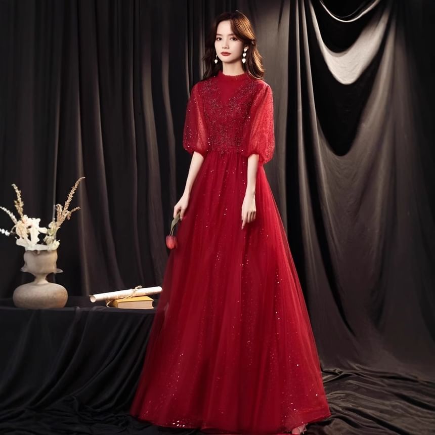 Balloon Sleeve Mock Neck Plain Sequin Embroidered Mesh A-Line Cocktail Dress (Various Designs)