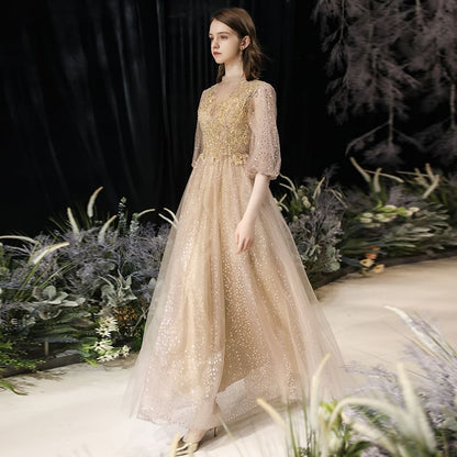 Balloon Sleeve Mock Neck Plain Sequin Embroidered Mesh A-Line Cocktail Dress (Various Designs)