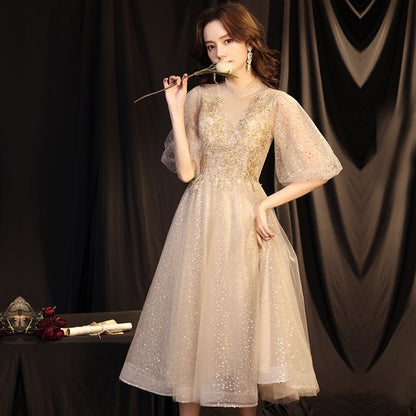 Balloon Sleeve Mock Neck Plain Sequin Embroidered Mesh A-Line Cocktail Dress (Various Designs)