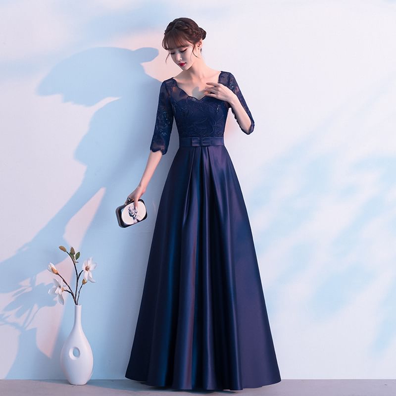 Elbow Sleeve V-Neck Plain Bow Lace Panel Satin A-Line Evening Gown