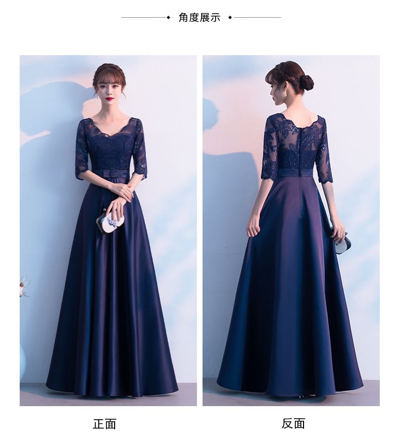 Lace Panel Bow A-Line Elbow Plain Sleeve Gown Evening Satin V-Neck