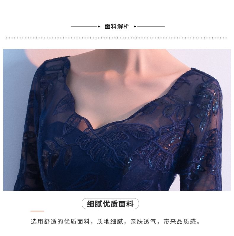 Lace Panel Bow A-Line Elbow Plain Sleeve Gown Evening Satin V-Neck