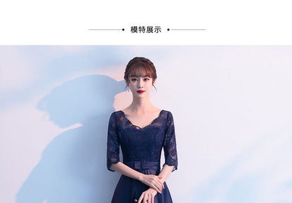 Lace Panel Bow A-Line Elbow Plain Sleeve Gown Evening Satin V-Neck