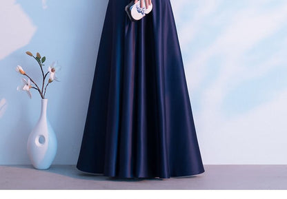 Lace Panel Bow A-Line Elbow Plain Sleeve Gown Evening Satin V-Neck