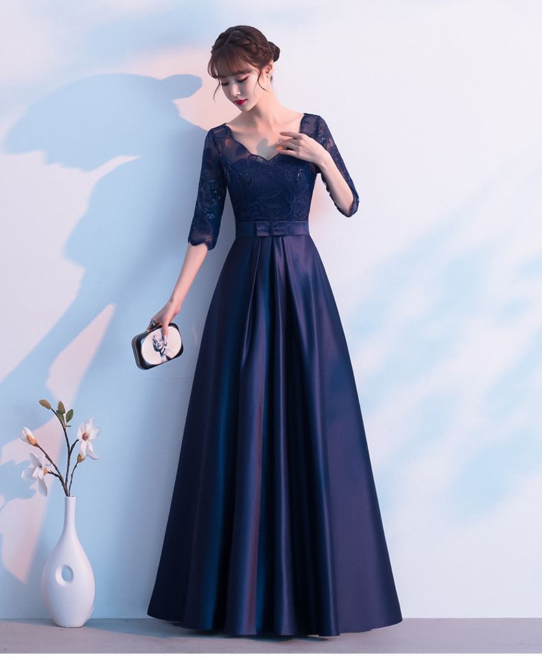Lace Panel Bow A-Line Elbow Plain Sleeve Gown Evening Satin V-Neck