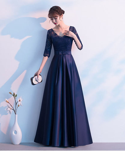 Lace Panel Bow A-Line Elbow Plain Sleeve Gown Evening Satin V-Neck