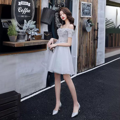 Short Sleeve Off Shoulder Plain Floral Applique Mesh Mini A-Line Cocktail Dress