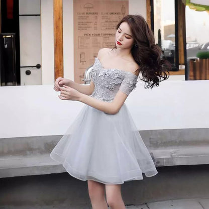Short Sleeve Off Shoulder Plain Floral Applique Mesh Mini A-Line Cocktail Dress