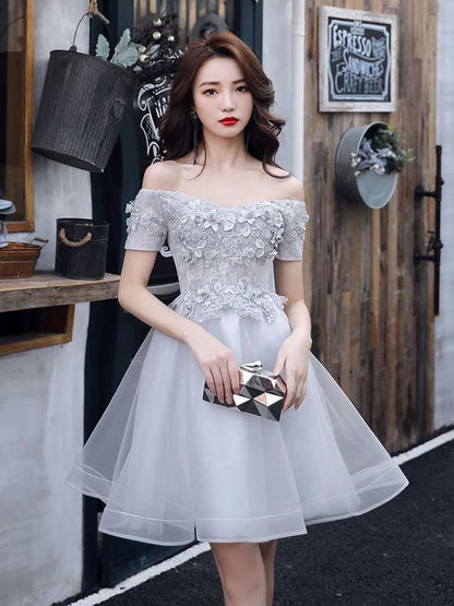 Short Sleeve Off Shoulder Plain Floral Applique Mesh Mini A-Line Cocktail Dress