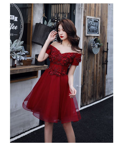 Short Sleeve Off Shoulder Plain Floral Applique Mesh Mini A-Line Cocktail Dress