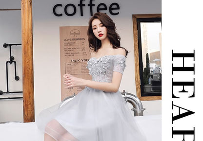 Short Sleeve Off Shoulder Plain Floral Applique Mesh Mini A-Line Cocktail Dress