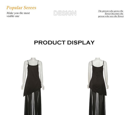 Mock Two-Piece Spaghetti Strap Plain Mesh Panel Maxi A-Line Dress