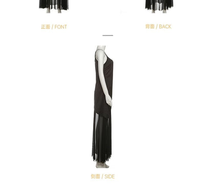 Mesh Maxi Two-Piece A-Line Strap Panel Spaghetti Dress Mock Plain