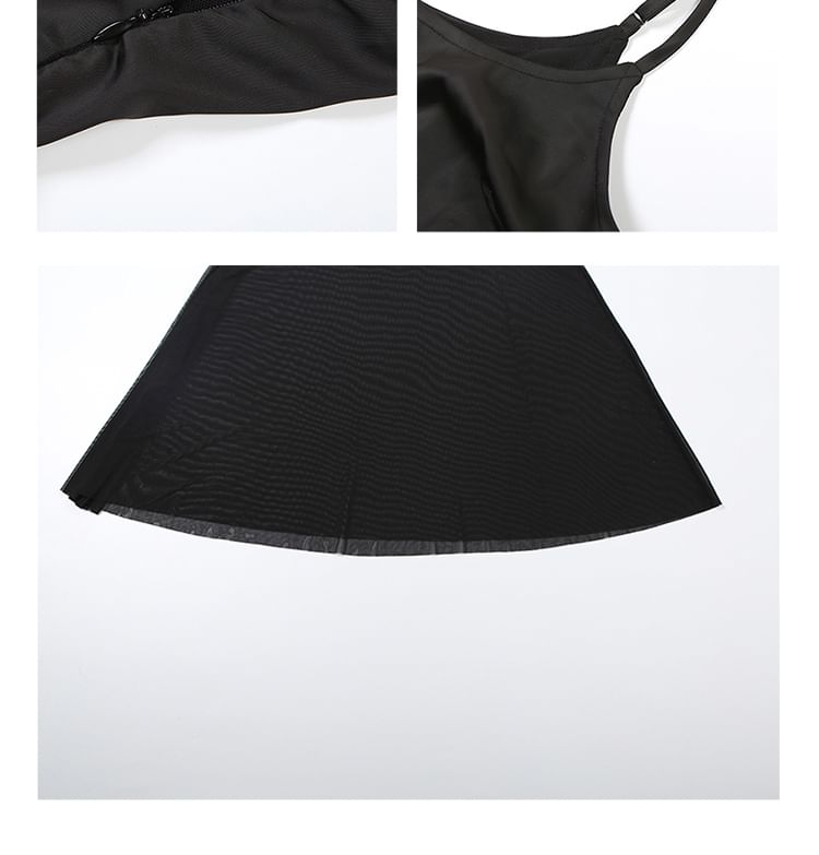 Mock Two-Piece Spaghetti Strap Plain Mesh Panel Maxi A-Line Dress