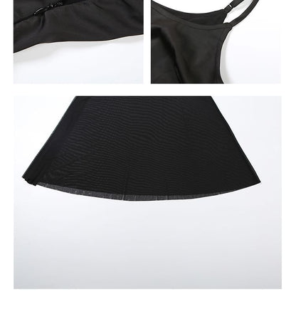 Mesh Maxi Two-Piece A-Line Strap Panel Spaghetti Dress Mock Plain