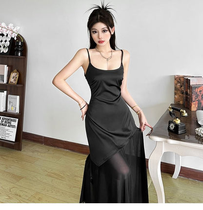 Mesh Maxi Two-Piece A-Line Strap Panel Spaghetti Dress Mock Plain